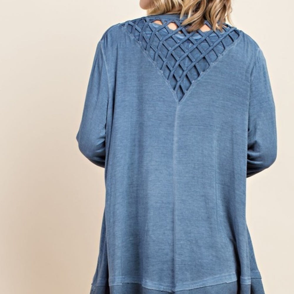 BLUE‎ MINERAL WASHED CARDIGAN WITH STRAPPY BACK
